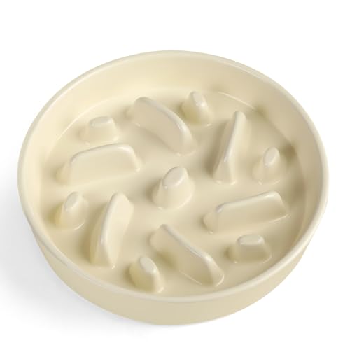 Ceramic Slow Feeder Dog Bowl, 2 Cups Maze Puzzle Dish to Slow Down Eating - color: Maze - White