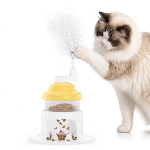 Cat Slow Feeder Toy with Feather Teaser, Interactive Puzzle Feeder for Cats, Mental Stimulation Foraging Toy, Suitable for Dry & Wet Food(Yellow) - color: Yellow
