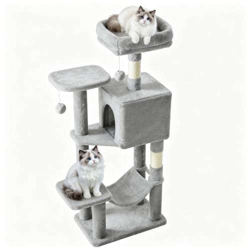 DUMOS 44 Inch Cat Tree Tower with Natural Sisal Scratching Posts - color: Light Grey, size: 44 Inch