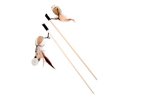 Cat Teaser Cat Kitten Toys Set Natural Sisal Wand Teasers with Mouse, Bell, Feather, Elastic String, and Sturdy Wood Rod - size: 2 PCS