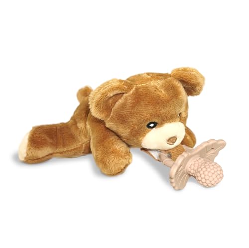 RaZbaby Bear RaZbuddy w/RaZberry Teething Relief Pacifier – Soothes Sore Gums w/Nature-Inspired Texture, 100% BPA-Free Silicone Teether, Detachable Stuffed Animal – 3 Months+ Teether, Coconut - color: Bear
