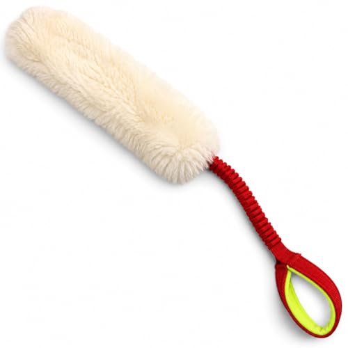 Sheepskin Dog Tug Toy with Bungee Handle – Genuine Sheepskin Training Toy for Dogs – Interactive Tug & Chase Toy for Recall, Agility & Obedience Training – 24" Long (Medium)