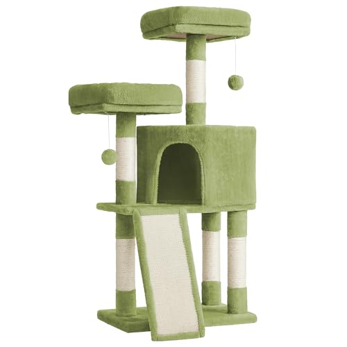 Feandrea Cat Tree, 45.3-Inch Cute Cat Tower, Plush Climbing Condo, Green - color: Grass Green