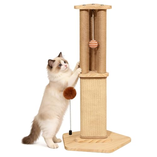Cat Scratching Post for Indoor Cats,Kitten sisal Scratch Post for Cute Small Medium Adults cat,Rope Scratcher with Ball (27" H)