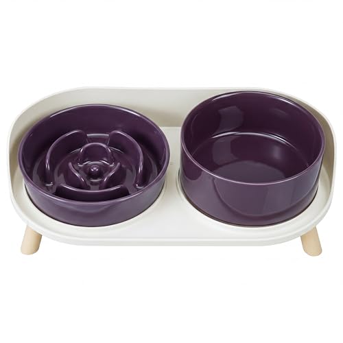 Elevated Slow Feeder Dog Bowls with Splash Proof Stand, Slow Eating 5X - color: Purple