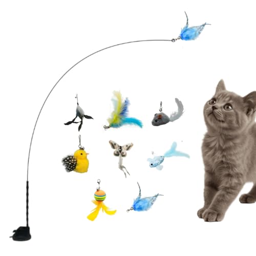 Cat Wand Toy with Suction Cup, Including 8Pcs Refills (Bird, Feather, Mouse, Butterfly, Ball, Chick, Fish), and can be Used as Individual Wands When Detached