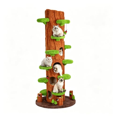 91" Tall Cat Tree for Indoor Cats, KAMABOKO Large Cat Tower with 6 Luxury Cat Condo, Soft Cushion, Scratching Board, Plush Platform & Top Perch, Magic Forest Series, Green - color: mint green
