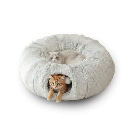 Cat Tunnel Bed for Indoor Cats, Peekaboo Cat Cave Donut Bed & Play Tunnel