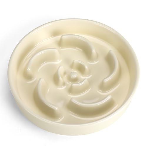 Ceramic Slow Feeder Dog Bowl, 2 Cups Maze Puzzle Dish to Slow Down Eating - color: Flower - White