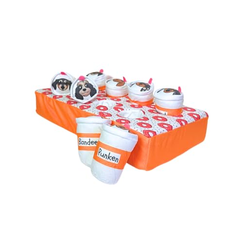 Patchwork Pet Too Much Caffween by The Weens, Interactive Dog Toy, 8 Squeaky Plush Coffee Cups with Memory Foam Base, 17 x 8.5 inch