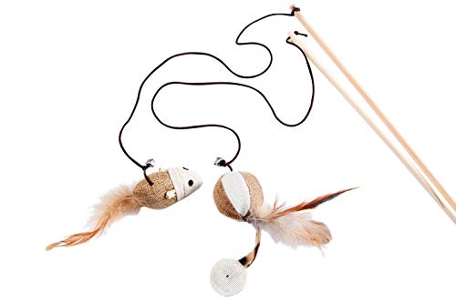Cat Teaser Cat Kitten Toys Set Natural Sisal Wand Teasers with Mouse, Bell, Feather, Elastic String, and Sturdy Wood Rod - size: 2 PCS