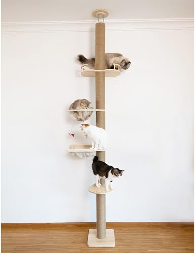 Floor-to-Ceiling Cat Tree with Natural Sisal Rope Scratching Post - Adjustable Height (55-119 Inches) - Modern Cat Activity Tree, Cat Scratcher Post - size: 4-Tier Cat Tree