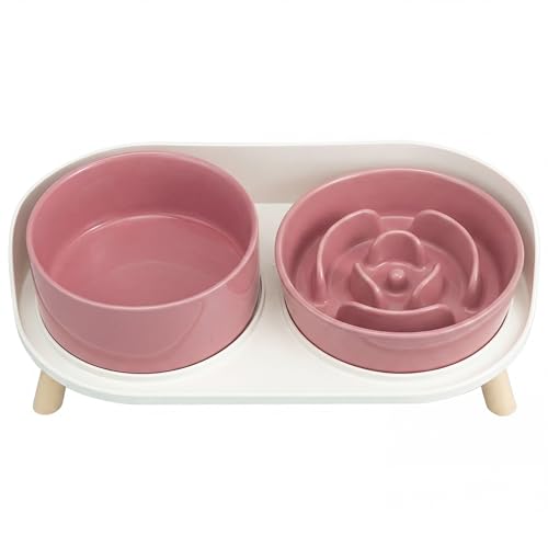 Elevated Slow Feeder Dog Bowls with Splash Proof Stand, Slow Eating 5X - color: Pink