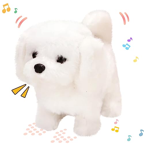 Hopearl Walking Dog Bichon Interactive Electronic Pet Plush Toy Puppy Woof and Moving Animated Nodding Head Gifts for Toddlers Birthday, White, 7'' - style: Dog-White