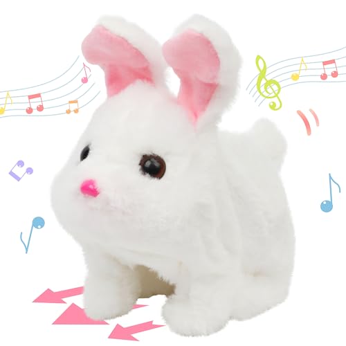 Hopearl Hopping Chubby Rabbit Interactive Electronic Pet Plush Bunny Toy with Sounds and Movements Animated Walking Wiggle Ears Twitch Nose Gifts for Toddlers Birthday, White, 7'' - style: Chubby Rabbit-White