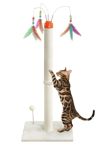 YARUOMY Cat Scratching Post ，41.3" Sisal Rope Cat Scratcher Tall Scratching Post for Indoor Cats Adult with Interactive Cat Toys Automatic Teaser Wand and Rotating Hanging Balls - size: 41.3"H