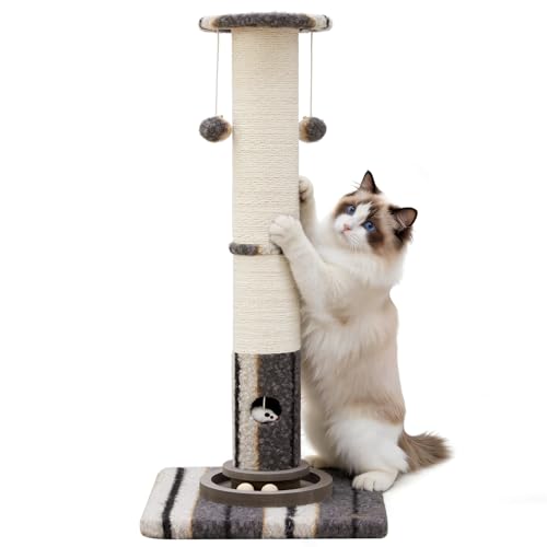 Woochpet Cat Scratching Post 34"Tall Grey Sisal Scratcher Tree With Cat Toy - color: Grey