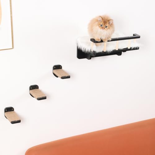 Cat Wall Shelf With 3 Steps And Plush Cover For Indoor Cats - Black - color: Black