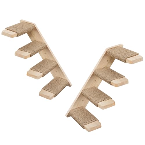 HOOBRO 2 Pack Cat Wall Shelves with Four Jute Scratching Steps, Oak Wood Cat Wall Steps/Ladder Furniture, Climbing Shelf Wall Mounted, Cat Tree Supplies, Nature NL42CS03