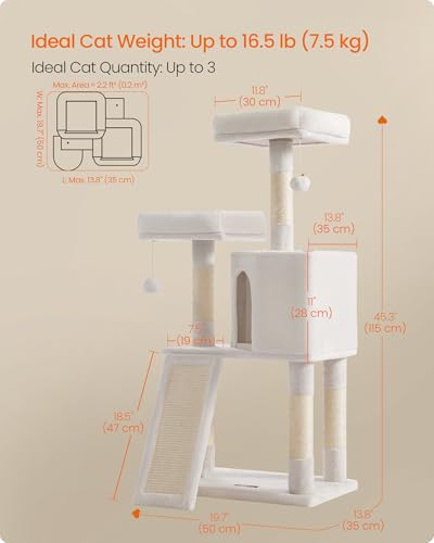 Feandrea Cat Tree, 45.3-Inch Cute Cat Tower, Plush Climbing Condo, White - color: Cream White