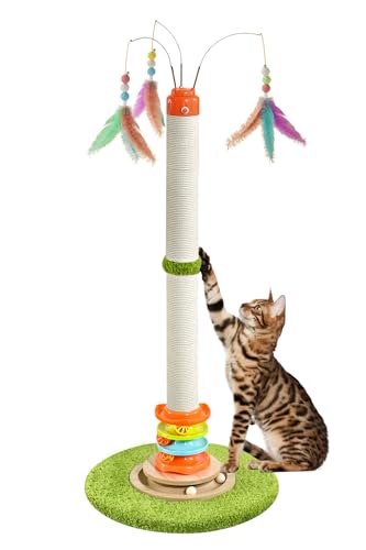 YARUOMY Tall Cat Scratching Post，40'' Cat Scratcher Tree Cat Toys for Indoor Cats with Cat Toys 4-Tier Roller Track，Automatically Rotating cat Teaser Wand，Hanging Balls for Kittens Adults Cats