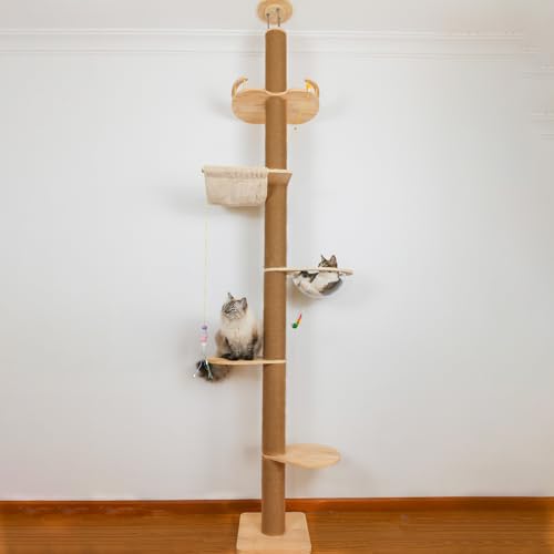 Floor to Ceiling Cat Tree Height (50-120.5in) Adjustable Cat Tower 5 Tier Hemp Scratching Post High Cat Tree Sturdy Activity Tree Indoor Outdoor Cat Scratching Post Activity Center - size: 5-tier cat tree