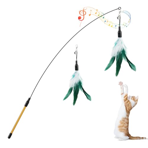 Pawaboo Cat Feather Wand Interactive Toy, 2 Feathers + 1 Wand with Bell - color: White & Green