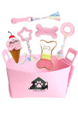 Puppy Chew Toys Set (7-Pack) for Small Dogs – Teething Toys with Squeaky Plush, Rubber Bone, Rope Tug & Ring | Cute Pink Puppy Gift Set with Storage Basket | Washable, BPA-Free, Non-Toxic