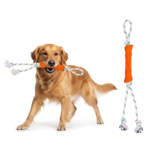 Green Sheep Tug & Enrichment Dog Toy, Interactive Rope Bone Toy with Removable Cotton Rope, Treat Dispensing Natural Rubber Dental Chew Toy for Medium and Large Dogs, Orange - color: Orange Bone With Rope
