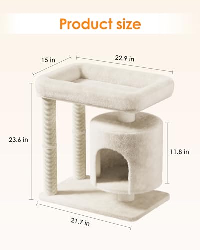 Small Cat Tree, Cat Tree for Large Cats with Perch Bed, Dual Sisal Scratching Posts, Cozy Condos for Indoor Cats Kittens, Beige