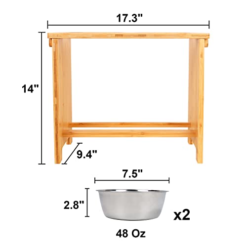 HTB Elevated Dog Bowl Stand with 2 Stainless Steel Bowls-14 H XLarge Bamboo - color: Bamboo, size: X large-14"tall,48 Oz bowl