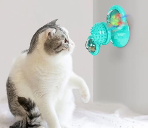 Pet Life ® 'Windmill Fidget' Glass or Surface Suction Cup Grip Spinning and Feeding Interactive Cat Toy with Ball and Catnip - color: Blue