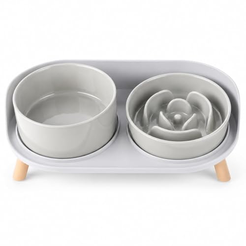 Elevated Slow Feeder Dog Bowls with Splash Proof Stand, Slow Eating 5X - color: Grey