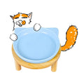 Elevated Ceramic Cat Bowls with Bamboo Stand for Cat Bowl, Whisker Friendly Shallow Cat Plate, Stable Raised Cat Food Riser for Indoor Cats (Blue, Set of 1) - color: Blue Plate with stand