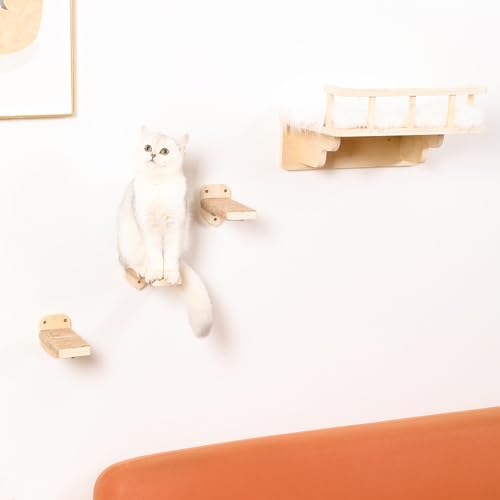 Cat Wall Shelf with 3 Cat Wall Steps,Cat Wall Shelves with Plush Coverd,Cat Climbing Shelf for Indoor Cat,Cat Wall Furniture Cat Shelf for Wall (Wood) - color: Wood