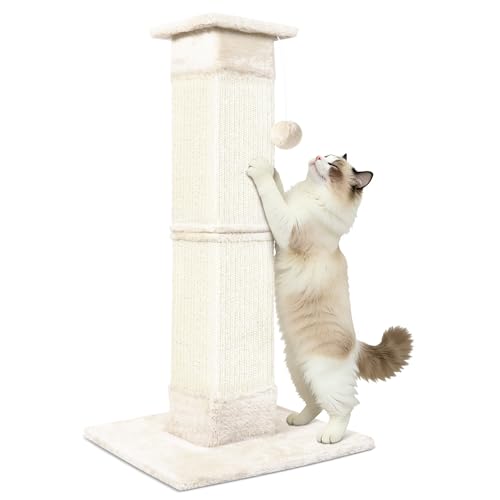 Cat Scratching Post 33 Inch for Indoor Cats, Sisal Cat Scratcher, Beige - color: Beige White