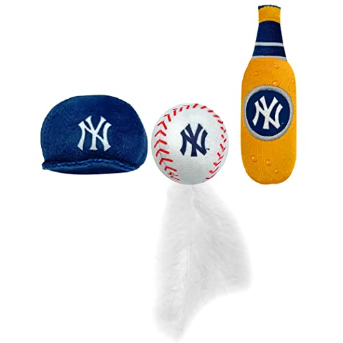 BEST PLUSH CAT TOY - MLB NEW YORK YANKEES Complete Set of 3 piece Cat Toys filled with Fresh Catnip. Incl: 1 Baseball Cap Cat Toy, 1 Baseball Cat Toy with Feathers & 1 Beer Bottle. Beautiful Team LOGO - color: New York Yankees