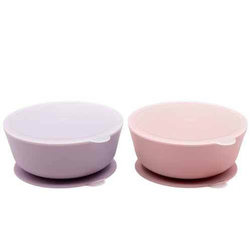 WeeSprout Suction Bowls for Baby & Toddlers (Set of 2) - 100% Silicone w/Plastic Lid - Leak Proof Feeding Supplies - Dishwasher & Microwave Safe Infant Dinnerware w/Extra Strong Base - color: Matte Pink/Purple