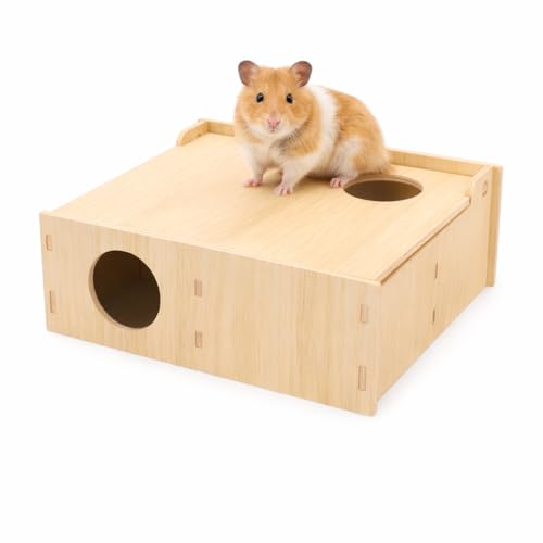 Wooden Hamster Tunnel Maze with Observation Skylight – Secret Peep Shed & Explore Hideout, Chewable Non-Toxic Enrichment Toy & Activity Center for Dwarf Hamsters & Young Syrians