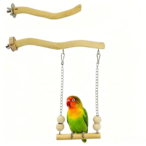 Bird Perch and Swing for Small Birds, Natural Wood Cage Accessories - size: Short