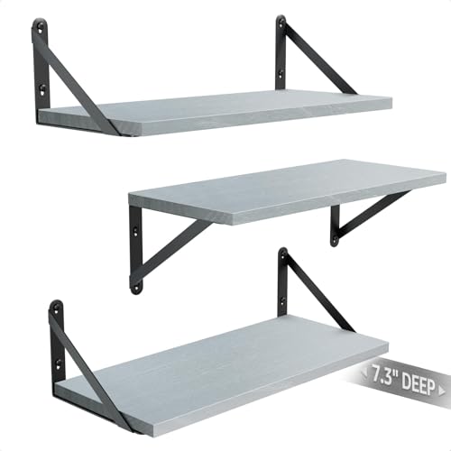 COCOYA Wall Shelves 7.3" Deep Solid Paulownia Wood (Grey, Set of 3) - color: Gray, Set of 3