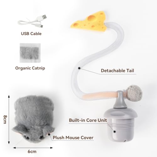 Migipaws Interactive MigiMouse Cat Toy 360° Rolling & Spin with Mesh Plastic Tail for Indoor Cats Smart Motion Sensor, Realistic Squeak, Rechargeable Plush Kitten Toy(Grey)