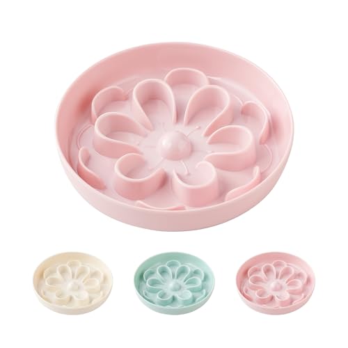 Slow-Food Cat Bowl - Made of Melamine, Suitable for Both Dry and Wet Food - Cute Flower Maze Pattern, Promotes Healthy Feeding and Helps Protect Whiskers - Dishwasher Safe - 6.3 in Wide x 1.1 in high - color: Pink