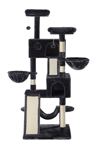 SHA CERLIN 65in Larger Cat Tree Tower Condo for Indoor Kitties/Multi-Level Furniture Activity Center with Wide Base/Cozy Plush Cat Perches/Baskets/Sisal Scratching Posts and Hammock/Dark Grey - color: Dark Grey