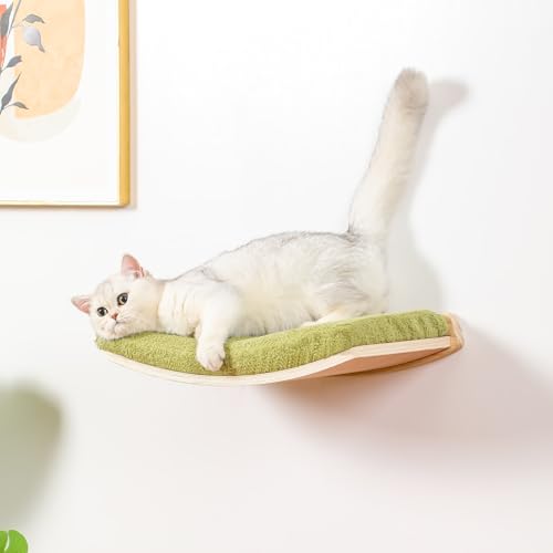 Curved Cat Shelves and Perches, Floating Cat Wall Bed with Comfortable Cushion - color: Wood Shelf+Green Cushion