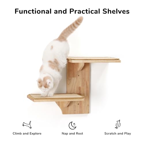 FUKUMARU Cat Wall Shelves, 2 Platform Kitten Wall Furniture, Tree Shape Wall-Mounted Floating Shelf with Sisal Mat, Solid Rubber Wood Cats Perch for 16 Inch Drywall, Suitable for Climb, Play, Nap - color: Sisal mat