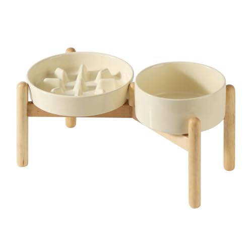 Havniva Elevated Slow Feeder Dog Bowls, 7.3 in Ceramic Slow Feeder Bowl Set - color: Light Yellow