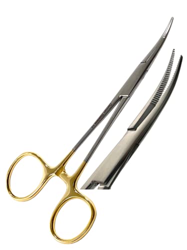 ArTLaB-Dog Pet Ear/Nose Hair Puller Grooming and Tick Removing Hemostat Locking Forceps Pliers, 5.5" (14cm), Straight Curved Forceps (Curved Gold Ring 5.5") - style: CURVED GOLD RING 5.5"