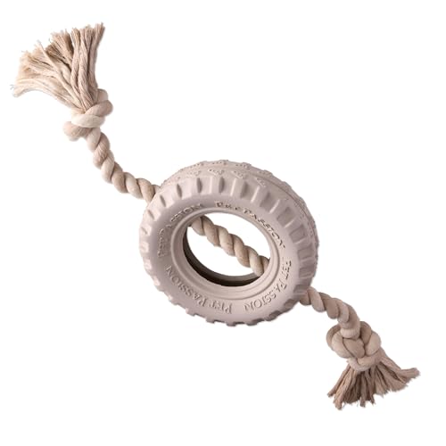 Pet Passion Natural Rubber Tire and Organic Cotton Rope Pull and Chew Dog Toy for All Pet Breeds, Almond Milk, Medium - color: Almond Milk, size: Medium