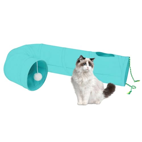Cat Tunnel, 2-Way Collapsible Cat Tube with Interactive Peek-A-Boo Hole, Toy Ball, and Rope – Ideal for Indoor Cats, Kittens, and Rabbits (Light Blue) - color: light blue